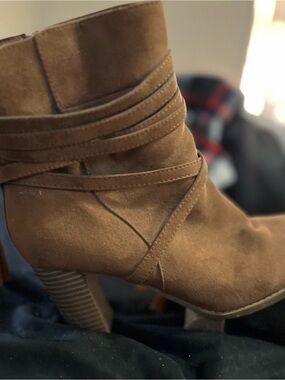 Report Tan Suede Ankle Booties with Wrapped Strap Detail